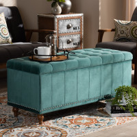 Baxton Studio BBT3137-Teal Velvet/Walnut-Otto Kaylee Modern and Contemporary Teal Blue Velvet Fabric Upholstered Button-Tufted Storage Ottoman Bench